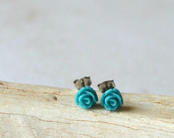 Teal Rose Titanium Earring Posts- Small Teal Flower Earrings- Flower Studs- Hypoallergenic Earrings- Great For Sensitive Ears- Blue Earrings