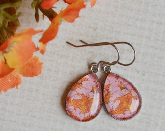 Pink and Orange Floral Inspired Glass Earrings- Teardrop Titanium Dangles- Feminine & Romantic, Comfortable Hypoallergenic Earrings
