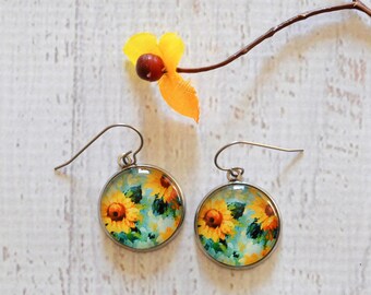 Sunflower Glass Dangle Earrings- Titanium Earrings- Nature Inspired Gift- Sunflower Lover- Round Earrings- Gift under 15