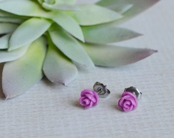 Magneta Rose Titanium Earring Posts- Small Purple Flower Earrings- Titanium Earring Studs- Hypoallergenic Earrings- Great For Sensitive Ears