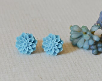 Light Blue Flower Earrings- Titanium Flower Studs- Titanium Earrings- Dahlia Flower Earrings- Hypoallergenic Studs- Flower Jewelry