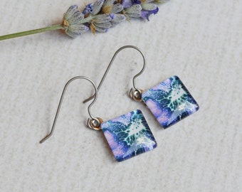 Purple Glass Earrings- Square Abstract Dangles- Titanium Hypoallergenic Earrings- Purple & White Marbled, Geode, Crackled Watercolor Dangles