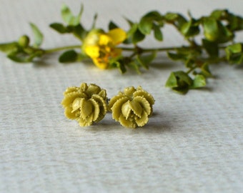 Green Rose Earrings- Olive Green Flower Studs- Titanium Studs- Hypoallergenic Earrings- Moss Green Titanium Earrings- Flower Titanium Posts