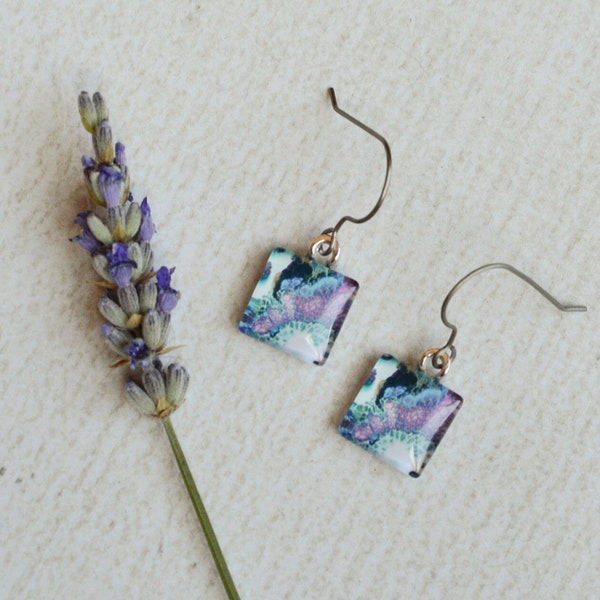 Geode Inspired Glass Earrings- Purple & Teal Titanium Dangles- Abstract Dangles- Titanium Earwires- Square Short Dangles- Hypoallergenic