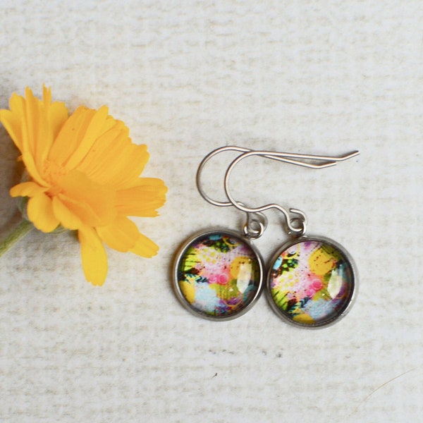 Colorful Round Earrings- Glass Titanium Dangles- Multicolored Abstract Jewelry- Hypoallergenic- Bright Earrings- Colorful Gift for Her- OOAK