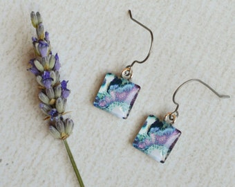 Geode Inspired Glass Earrings- Purple & Teal Titanium Dangles- Abstract Dangles- Titanium Earwires- Square Short Dangles- Hypoallergenic