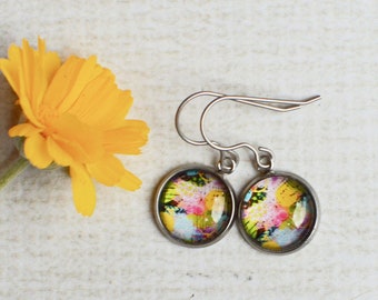 Colorful Round Earrings- Glass Titanium Dangles- Multicolored Abstract Jewelry- Hypoallergenic- Bright Earrings- Colorful Gift for Her- OOAK