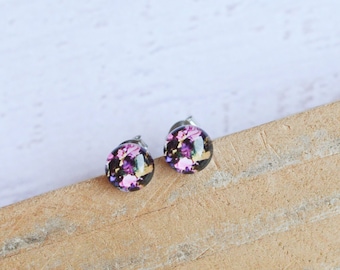 Purple and Black Round Earrings- Small Titanium Studs- Gift for Her- Hypoallergenic Glass Studs- Purple, Black, Gold Marble Glass Studs