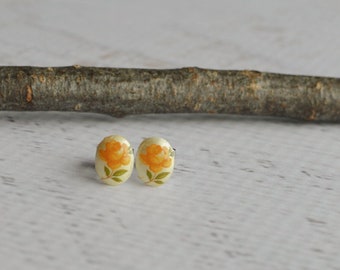 Vintage Yellow Flower Earrings- Japanese Oval Studs- Titanium Earrings- Yellow Earrings- Vintage Floral Gift- Small Oval Earring Studs