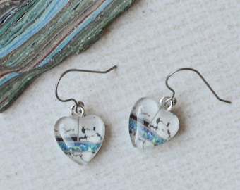 White & Teal Marbled-Inspired Heart Glass Earrings- Titanium, Hypoallergenic Heart Dangle Earrings- Upcycled Paper, Handmade Gift for Her