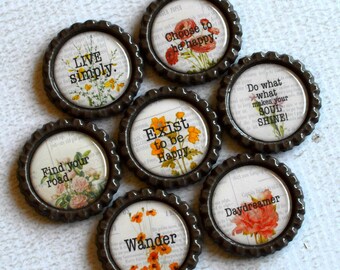 Boho Floral Magnets- Inspirational Words Bottlecap Magnets- Boho Kitchen or Office Decor- Boho Floral Gift- Word Art- Strong Fridge Magnets