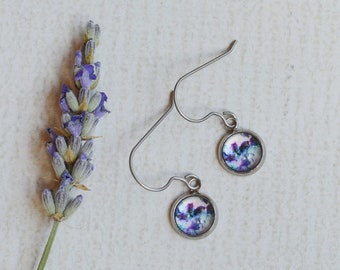 Purple & Blue Glass Earrings- Short, Tiny Dangles- Round, Circle Earrings- Cosmic, Celestial Gift- Titanium Earrings for Sensitive Ears