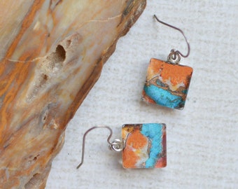 Southwest Inspired Glass Earrings- Square Titanium Dangles- Upcycled Southwest Jewelry- Rustic Glass Earrings- Upcycled Paper Gift for Her