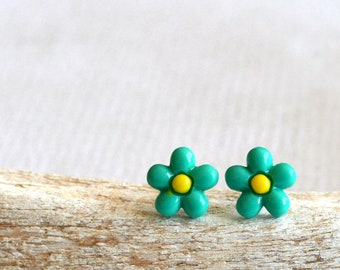 Green Daisy Earring Posts- Titanium Daisy Flower Earrings- Green and Yellow Flower Studs- Cute Daisy Flower Posts- Great For Sensitive Ears