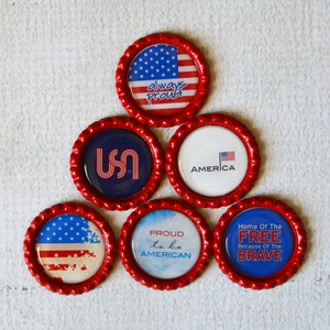 Patriotic Bottlecap Magnets- American Flag, USA, Patriotic Decor- Support Military- Proud to be an American- Gift for Him- Kitchen Magnets