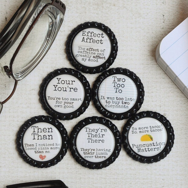 Grammar Correction Bottlecap Magnets- Gift for Writer, Teacher, Friend- Nerd, Geek Gift- Funny Magnets- Punctuation- Literary Humor