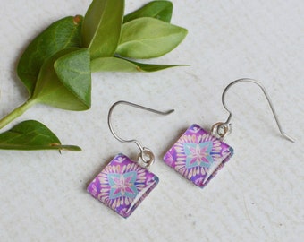 Purple Mandala Earrings- Glass Dangles- Titanium Hypoallergenic Earrings- Purple Dangle Earrings- Mandala Square Earrings- Mandala Boho Gift