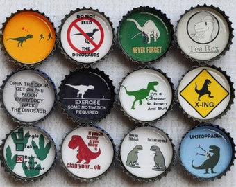 Gift For Him- Funny Dinosaur Upcycled Bottlecap Magnets- Dinosaur Decor- T-Rex- Office Decor- Dinosaur Humor- Set of 12 Strong Magnets