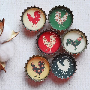 Farmhouse Kitchen Bottlecap Magnets- Country Chickens & Roosters- Super Strong Upcycled Bottlecap Magnets- Rustic Charm- Chicken Lover Gift