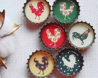 Farmhouse Kitchen Bottlecap Magnets- Country Chickens & Roosters- Super Strong Upcycled Bottlecap Magnets- Rustic Charm- Chicken Lover Gift