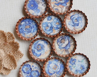 Blue & Gold Flower Bottle Cap Magnets- Rustic, Romantic Floral Decor- Vintage Shabby Chic Fridge Magnets- Feminine Gift for Her under 15