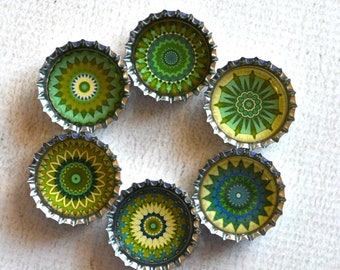 Green Kaleidoscope Bottlecap Magnets- Kaleidoscope or Mandala Magnets- Psychedelic Refrigerator Magnets- Boho Kitchen Magnets- Boho gift