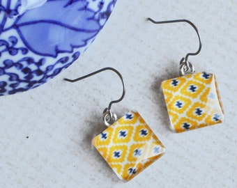 Southwest Aztec Inspired Glass Earrings- Yellow, Dark Blue Titanium Dangles- Nautical Earrings- Upcycled Paper Gift for Her- Short Dangles