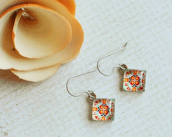 Orange Mandala Dangle Earrings- Short Dangles- Boho Glass Earrings- Bohemian Gift- Titanium Dangle Earrings- Orange Flower Tribal Earrings