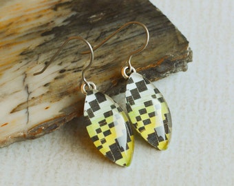 Boho Glass Aztec Earrings- Yellow, Black and White Geometric Dangles- Southwest Titanium Earrings- Made with Upcycled Paper- Boho Jewelry