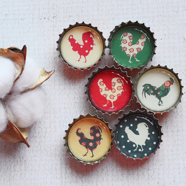 Farmhouse Kitchen Upcycled Bottlecap Magnets- Country Chickens and Roosters- Super Strong Bottlecap Magnets