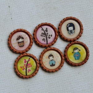 Japanese Kimono Bottlecap Magnets- Kokeshi Dolls- Japanese Decor- Geisha Girls- Kitchen Magnets- Japanese Doll- Cherry Blossom- Kimono Girls