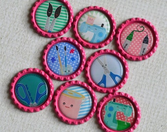 Kawaii Craft Bottlecap Magnets- Gift for Crafter, Sewer, Friend- Craft Room Decor- Kitchen Magnets- Crafter Gift- DIY Lover- Art Gift