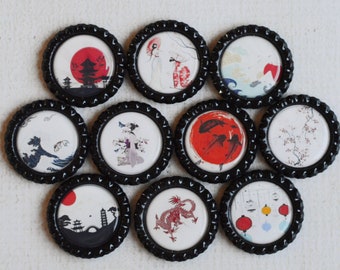Japanese Bottlecap Magnets- Oriental Kitchen- Japanese Gift- Koi, Temple, Dragon, Sakura, Geisha- Japanese, Oriental Decor- Kitchen Magnets