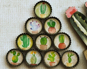 Cactus Gift- Upcycled Bottlecap Magnets- Cute Potted Cactus in Super Strong Bottlecap Magnets- Southwest Decor- Saguaro, Prickly Pear Cactus