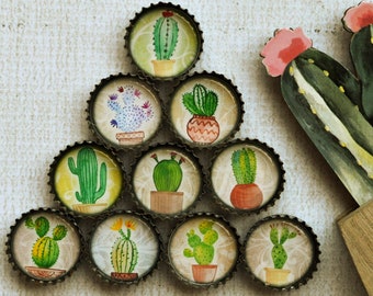 Cactus Gift- Upcycled Bottlecap Magnets- Cute Potted Cactus in Super Strong Bottlecap Magnets- Southwest Decor- Saguaro, Prickly Pear Cactus