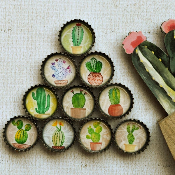 Cactus Gift- Upcycled Bottlecap Magnets- Cute Potted Cactus in Super Strong Bottlecap Magnets- Southwest Decor- Saguaro, Prickly Pear Cactus