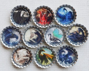 Dragon Bottlecap Magnets- Medieval Dragons- Dragon Gift- 10 Strong Bottlecap Magnets- Dragon, Gothic, Pagan Decor- Fantasy Kitchen Decor