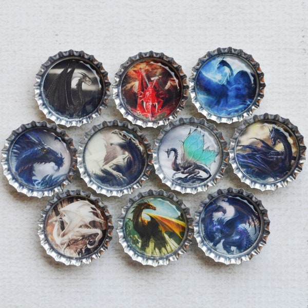 Dragon Bottlecap Magnets- Medieval Dragons- Dragon Gift- 10 Strong Bottlecap Magnets- Dragon, Gothic, Pagan Decor- Fantasy Kitchen Decor