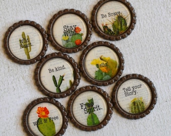 Cactus Bottlecap Magnets- Boho Chic Cactus and Inspirational Words- Cactus Decor, Cactus Gift- Be Kind, Be Brave, Free Spirit, Wild Heart