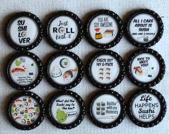 Sushi Bottlecap Magnets- Food Gift- Funny Sushi Magnets- Japanese Food- Funny Kitchen Magnets- Sushi Gift- Sushi Lover Friend- Food Fun