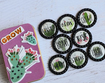 Cactus Decor- Bottlecap Magnets with Upcycled Tin- Inspiring Words- Geometric Terrarium Cactus- Cactus Gift- Kitchen Magnets- Cactus Decor