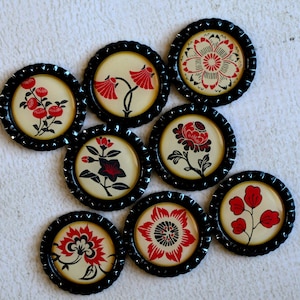 Asian Flower Magnets Red, Black and Cream Floral Bottlecap Magnets Asian Japanese Decor Strong Fridge Magnets Gift Under 10 Friend Gift image 1