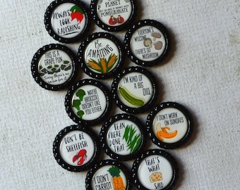 Food Pun Bottlecap Magnets- YOU CHOOSE Bottlecap Color- Fruit and Vegetables- Funny Chef, Foodie Gift- Culinary Gift- Kitchen Magnets
