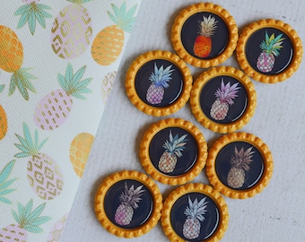 Pineapple Bottlecap Magnets- Summer Decor- Fridge Magnets- Tropical Gift- Summer Party Favors- Pineapple Kitchen- Pineapple Fruit Gift