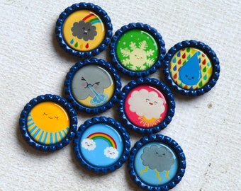 Weather Bottlecap Magnets- Learning Gift- Homeschool- Weather Seasons- Science Teacher Gift- Teacher Magnets- Science Kids- Teacher Gift