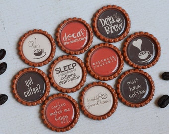 Coffee Bottlecap Magnets- Friend Gift- Coffee Kitchen Decor- Coffe Lover- Funny Coffee Phrases- Coffee Mom- Fridge Magnets- Coffee Kitchen