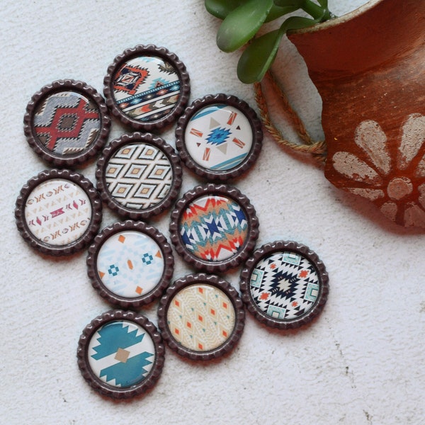 Native American Rug Patterns- Southwest Bottlecap Magnets- Rustic and Southwest Decor- Kitchen Magnets- Unisex Gift- Kitchen Magnets