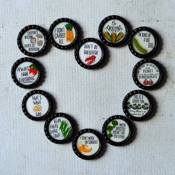 Food Pun Bottlecap Magnets- YOU CHOOSE Bottlecap Color- Fruit and Vegetables- Funny Chef, Foodie Gift- Culinary Gift- Kitchen Magnets