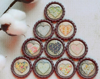 Heart Bottlecap Magnets- Vintage Floral Hearts- Gift for Her- Love, Heart, Friend Gift- Fridge Magnets- Heart Decor- Wedding Favor Gift