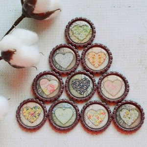 Heart Bottlecap Magnets- Vintage Floral Hearts- Gift for Her- Love, Heart, Friend Gift- Fridge Magnets- Heart Decor- Wedding Favor Gift